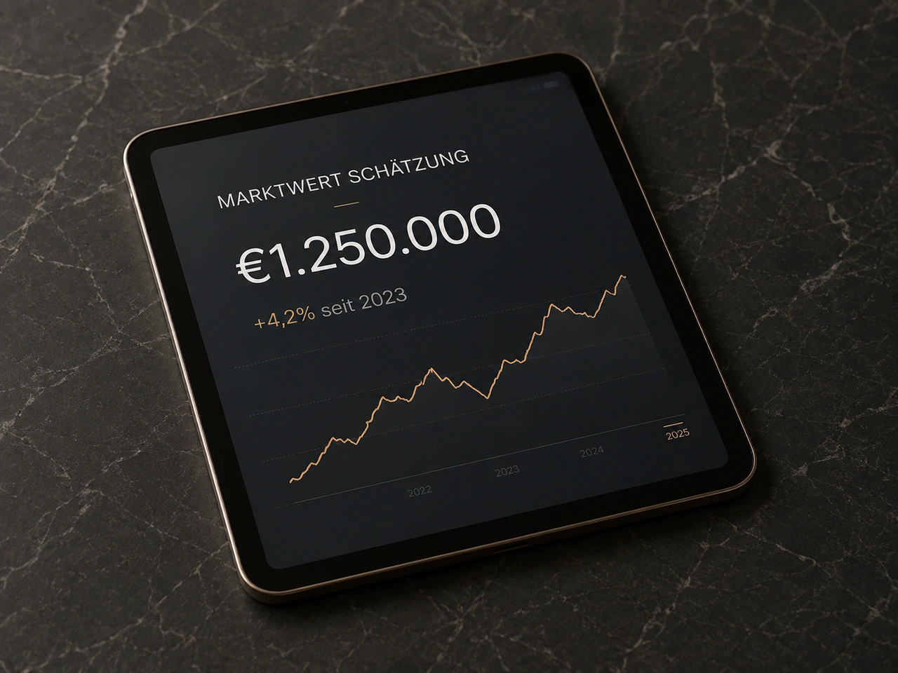 Tablet mit digitaler Immobilienbewertung und Marktwertentwicklung