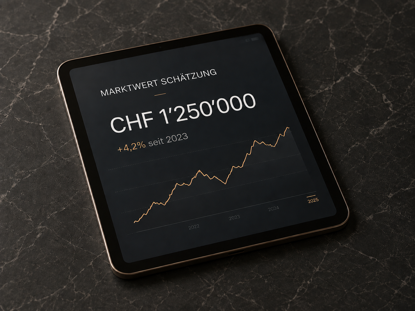 Tablet mit digitaler Immobilienbewertung und Marktwertentwicklung