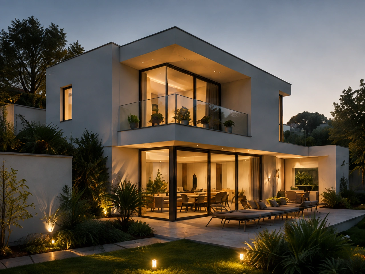 Modernes Einfamilienhaus mit beleuchtetem Wohnbereich und Garten